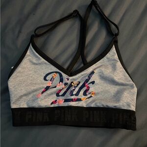 Victoria's Secret PINK Floral Logo Sports Bra - Gray and Black